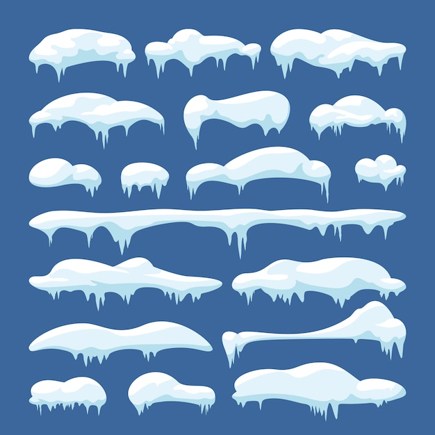 Bonnets de neige de bande dessinée, congères et glaçons. éléments de vecteur de décoration de noël neigeux. neige froide gelée, flocon de neige hivernal à titre d'illustration de conception web Vecteur Premium