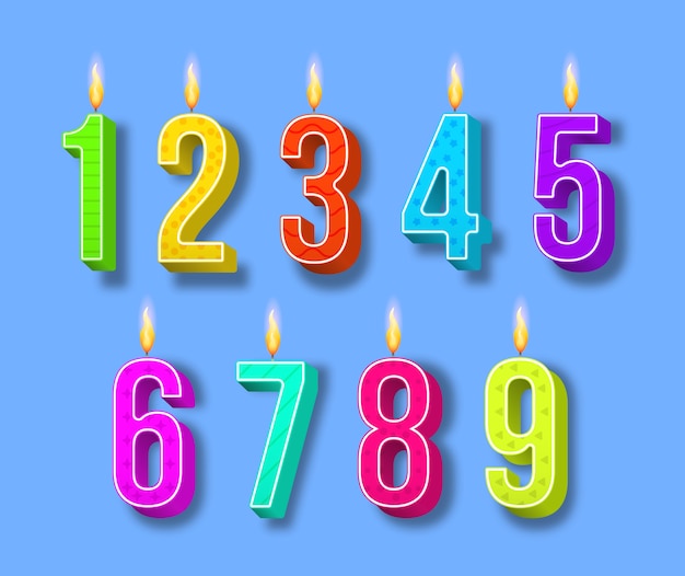 Bougies De Gateau De Celebration Lumieres Allumees Numeros D Anniversaire Et Bougie De Fete Bougies D Anniversaire De Couleur Differente Avec Des Flammes Brulantes Numeros De Dessin Anime Vecteur Premium