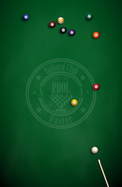 Boules de billard et queue sur toile verte Vecteur Premium