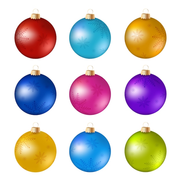 Boules De Noël Colorées Sur Une Surface Blanche. Ensemble De Décorations  Réalistes Isolées. Illustration Vectorielle Boules De Noël Avec Des Flocons  De Neige. | Vecteur Premium