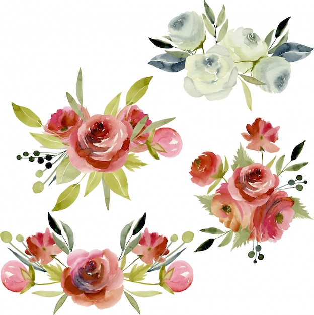 Bouquets Aquarelles De Roses Blanches Et Bordeaux Vecteur Premium