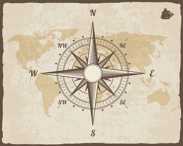 Boussole nautique vintage. carte du vieux monde sur la texture du papier vector avec cadre de bordure déchirée. Vecteur Premium