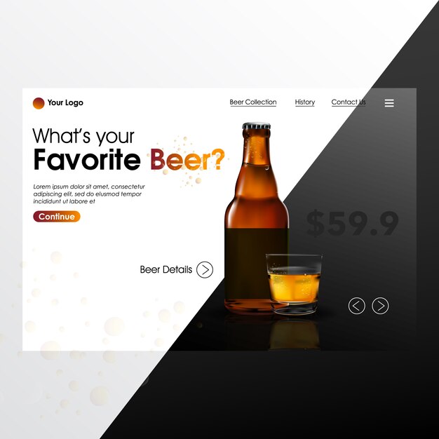Bouteille de bière realiste mock up avec page d'arrivée illustration Vecteur Premium