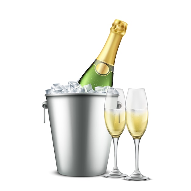 Bouteille De Champagne Dans Le Seau Du Restaurant Avec Glace Et Verres A Vin Avec Boisson Alcoolisee Vecteur Gratuite