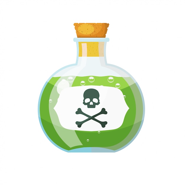 Bouteille en verre avec bouchon en liège contenant un liquide vert et un signe de crâne et d’os. la potion dans une fiole. style de bande dessinée. illustration vectorielle stock Vecteur Premium