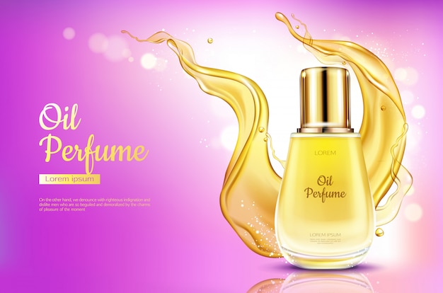Bouteille en verre de parfum à l'huile avec des éclaboussures de liquide jaune sur fond dégradé rose. Vecteur gratuit