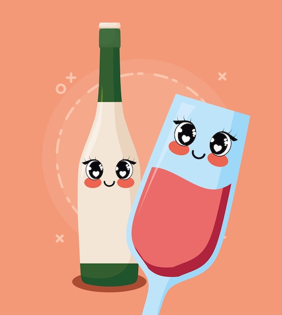 Bouteille De Vin Kawaii Et Verre Vecteur Premium