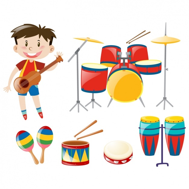 Boy avec des instruments de musique Vecteur gratuit
