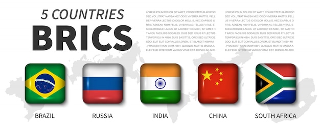 Brics et drapeau d'adhésion. bouton brillant carré à angle arrondi Vecteur Premium