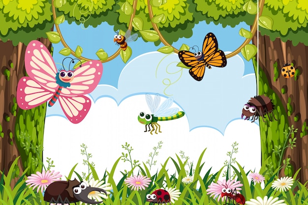 Bugs dans la scène de la jungle Vecteur Premium