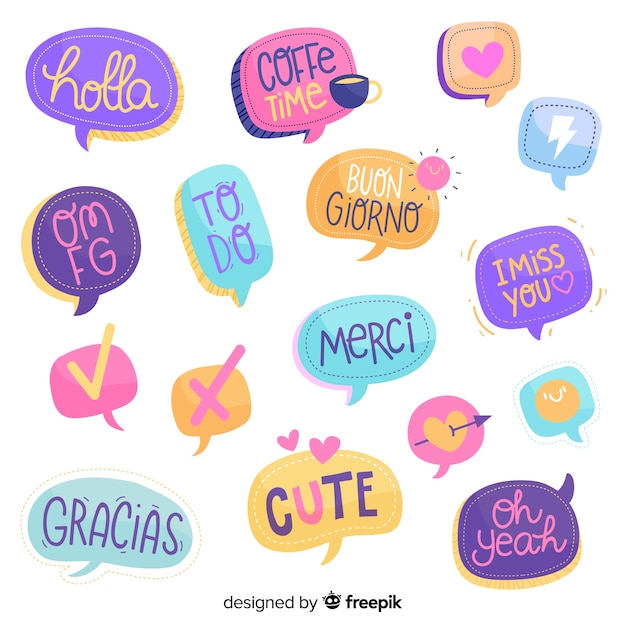 Bulles de discussion dessinées à la main avec différentes expressions Vecteur gratuit