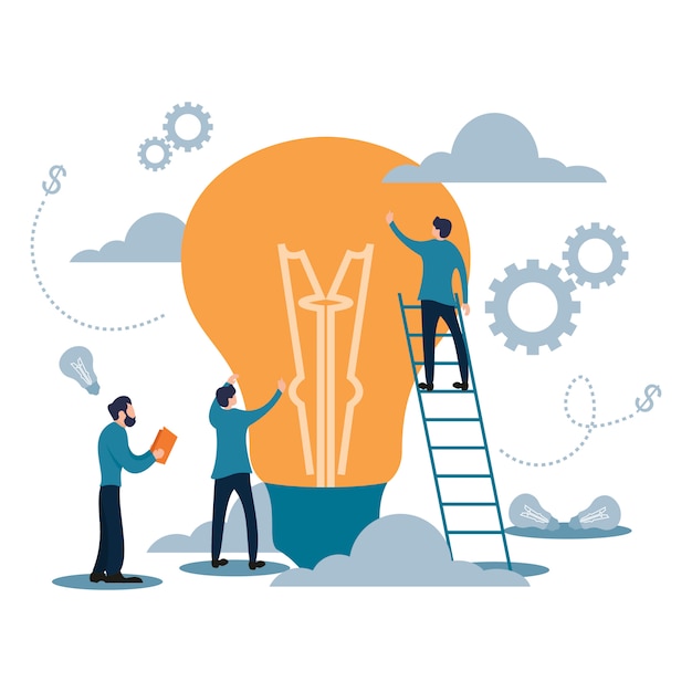 Business target team travailler avec le style de bande dessinée plat ampoule Vecteur Premium
