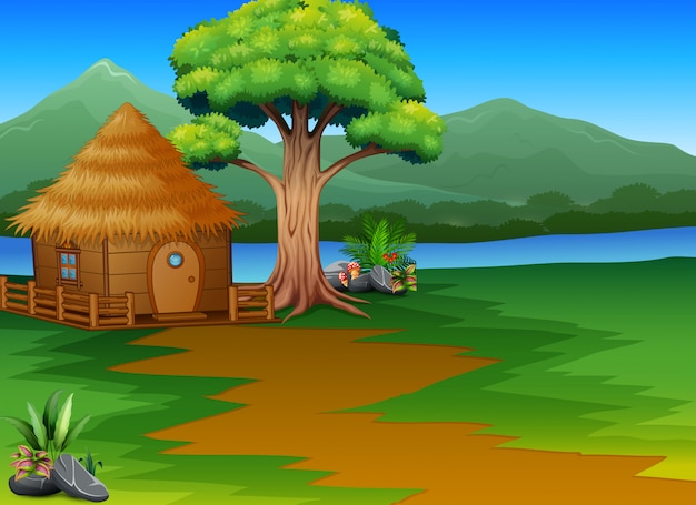 Cabane De Bois De Dessin Anime De La Riviere Avec Fond De Paysage De Montagnes Vecteur Premium