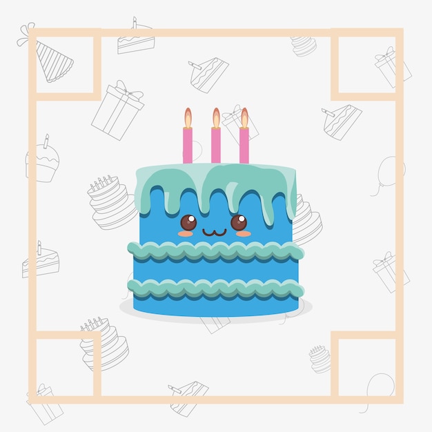 Cadre Decoratif Avec Gateau D Anniversaire Kawaii Avec L Icone De Bougies Sur Fond Blanc Vecteur Premium