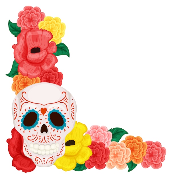 Cadre Floral Avec Une Jolie Tete De Mort Mexicaine Une Rose Et Un Hibiscus Vecteur Premium