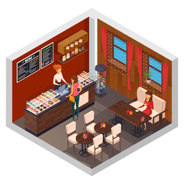 Café intérieur restaurant pizzeria bistro cantine composition isométrique avec comptoir présentoir de pâtisserie et illustration vectorielle sièges visiteur Vecteur gratuit