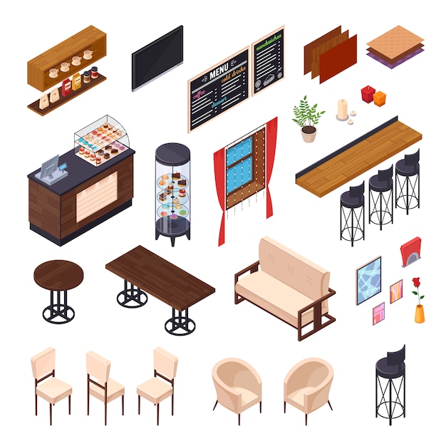 Café intérieur restaurant pizzeria bistro cantine éléments isométriques ensemble de meubles isolés et boutique affichent des images vector illustration Vecteur gratuit