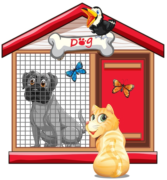 Cage De Chien Avec Dessin Anime Chien Chat Et Oiseau Isole Vecteur Premium