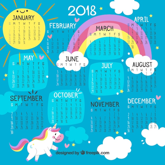 Calendrier 2018 Coloré Avec Licorne Et Arc-en-ciel | Vecteur Gratuite