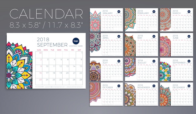 Calendrier 2018. Éléments décoratifs vintage. Motif oriental, illustration vectorielle. Vecteur gratuit Calendrier 2018. Éléments décoratifs vintage. Motif oriental, illustration vectorielle. Vecteur gratuit