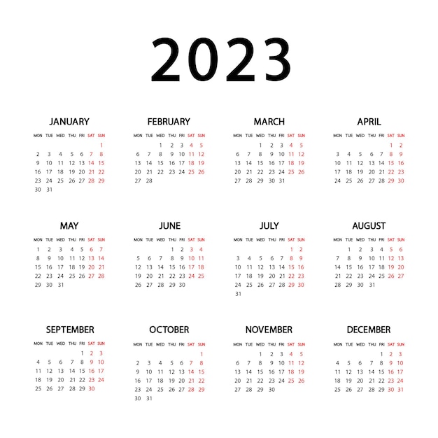 Calendrier 2023 Année. La Semaine Commence Le Lundi. Modèle De