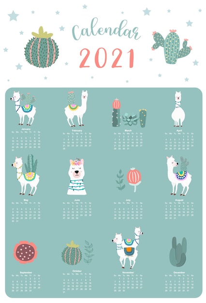 Calendrier Animal Mignon 21 Avec Lama Alpaga Cactus Pour Enfants Enfant Bebe Vecteur Premium