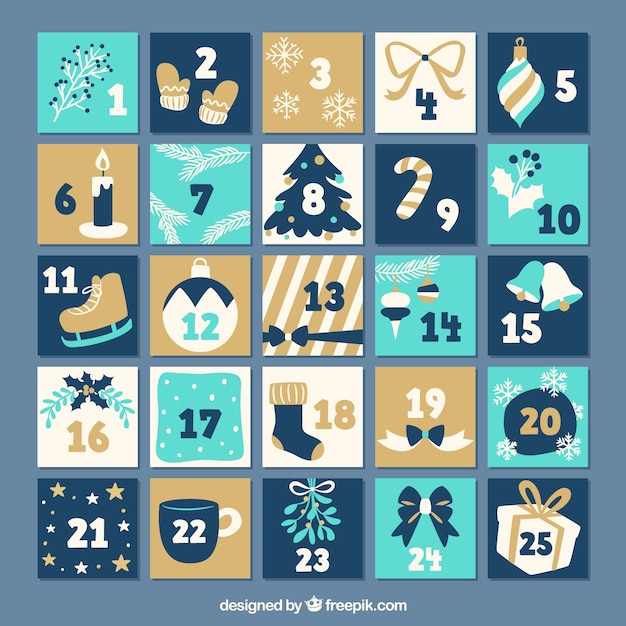 Calendrier de l'avent plat dans les tons si bleu et beige Vecteur gratuit