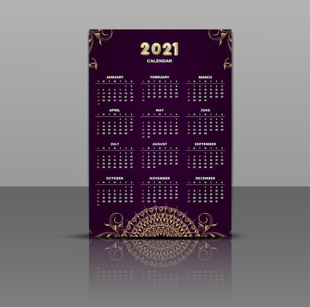 Calendrier De Luxe En Or Mandala Vintage 2021 | Vecteur Gratuite