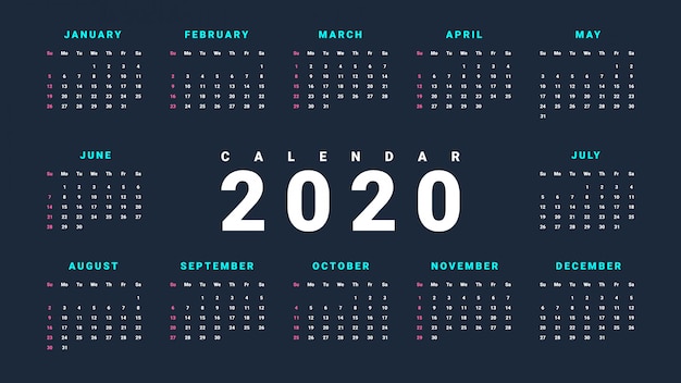 Calendrier mural simple pour 2020 sur fond sombre Vecteur Premium