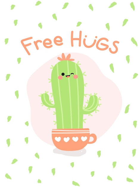 Câlins gratuits de cactus mignon dans la tasse de thé. Vecteur Premium