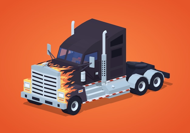 Camion isométrique lowpoly 3d lourd noir avec motif de feu Vecteur Premium