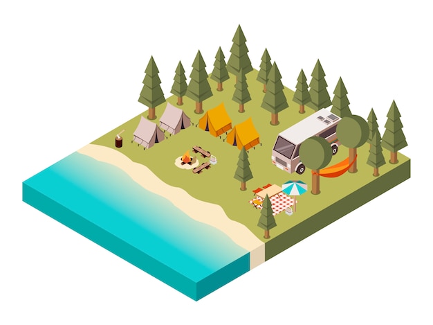 Camp près du lac illustration isométrique Vecteur gratuit