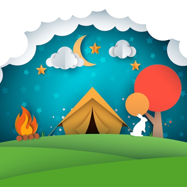 Camping, Illustration De La Tente. Paysage De Papier Vecteur Premium
