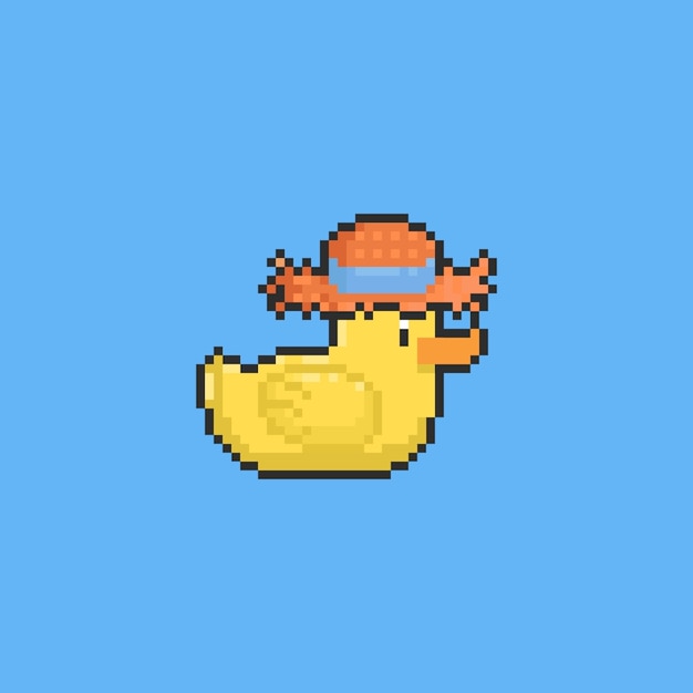 Canard Jaune Dessin Animé Pixel Avec Chapeau De Paille