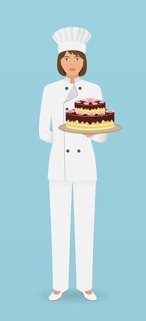 Caractere Confiseur Femme Debout En Uniforme Avec Un Magnifique Gateau Le Patissier Tient Une Belle Tarte Sur Une Main Vecteur Premium