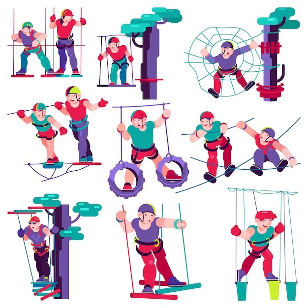 Caractère d'enfant vecteur corde enfants d'escalade dans les enfants d'illustration aventure corde-parc Vecteur Premium