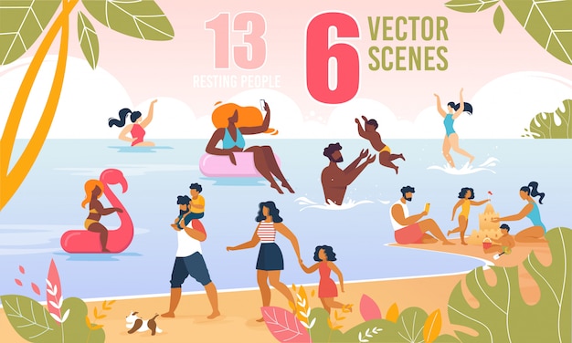 Caractère familial heureux au repos sur la plage vector set Vecteur Premium