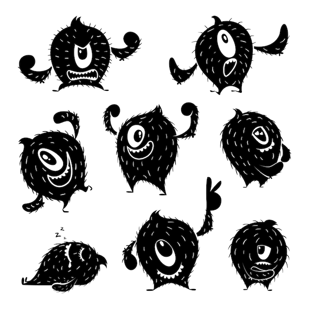 Caractère de monstre drôle dans différentes poses d'action. diable sourire mignon. illustrations monochromes Vecteur Premium