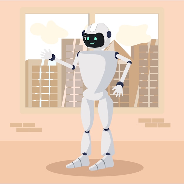 Caractère robotique positif se tenant et saluant Vecteur Premium