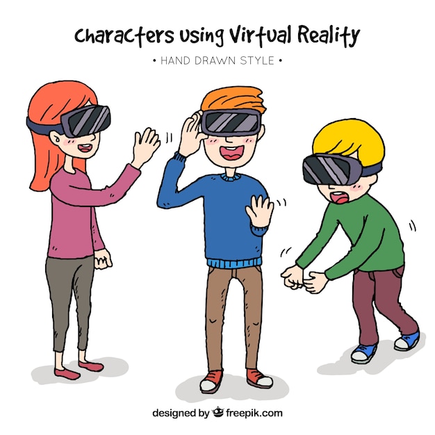 Caractères dessinées à la main en utilisant des lunettes de réalité virtuelle Vecteur gratuit