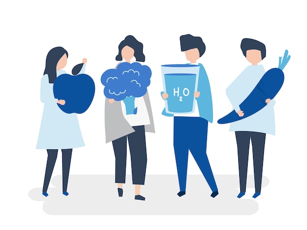 Caractères de personnes détenant une illustration de nourriture saine Vecteur gratuit
