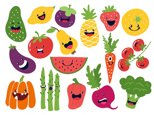 Caracteres Vegetaux Plats Drole De Smiley Doodle Fruits Pommes De Terre Pommes De Terre Oignon Tomates Baies Dessinees A La Main Ensemble D Emoticones De Fruits Mignons Vecteur Premium