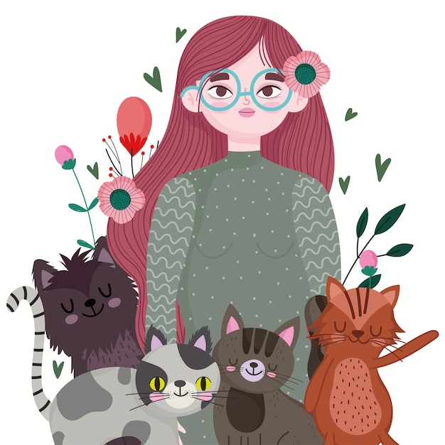 Caricature De Femme De Beaute Avec Divers Chats Illustration Pour Animaux De Compagnie Vecteur Premium