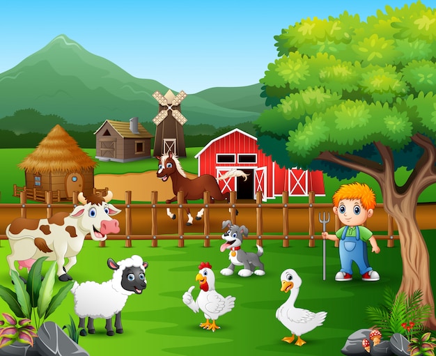 Caricature d'un fermier dans sa ferme avec un groupe d'animaux de la ferme Vecteur Premium