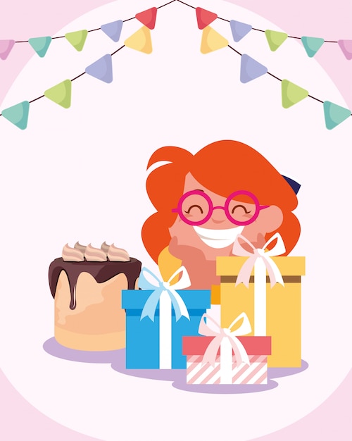 Caricature De Fille Avec Un Joyeux Anniversaire Gateau Et Cadeaux Vecteur Premium