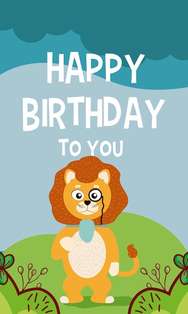 Caricature De Lion Sur La Carte De Joyeux Anniversaire Vecteur Premium