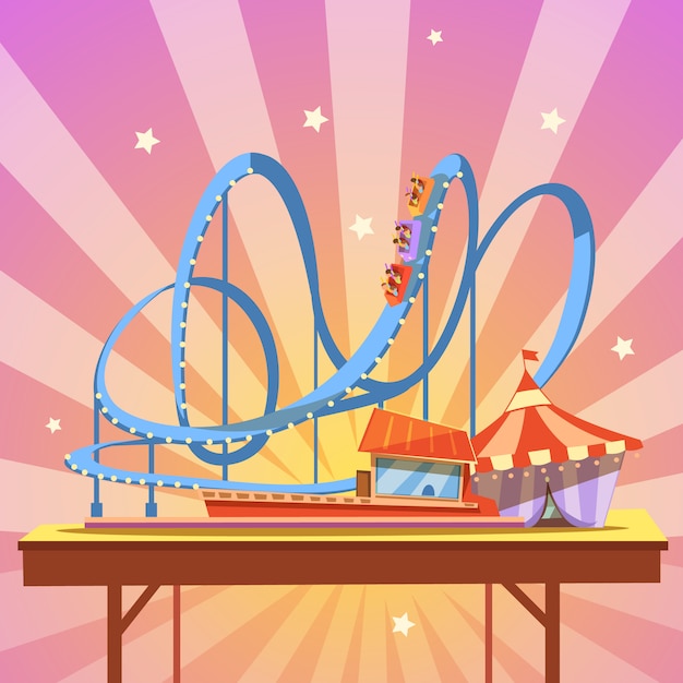 Caricature de parc d'attractions avec montagnes russes de style rétro sur fond abstrait Vecteur gratuit