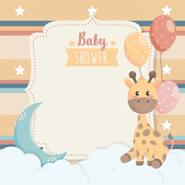 Carte d animal girafe avec ballons et nuages vecteur gratuite