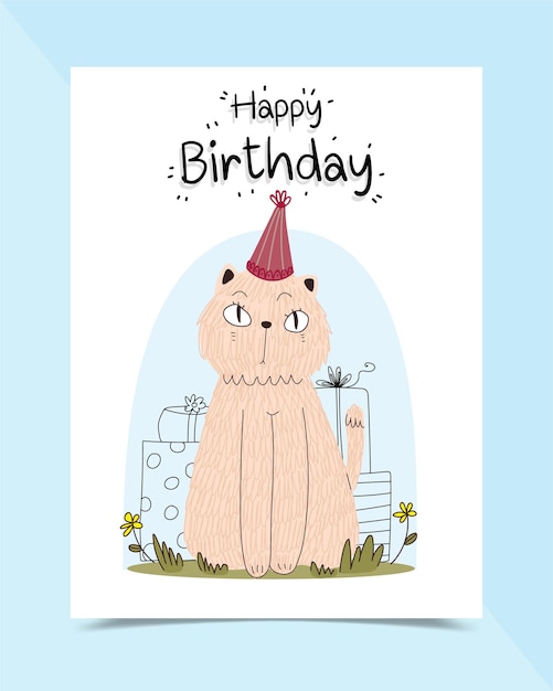 Carte D Anniversaire Decoree De Chats Assis Sur L Herbe Vecteur Gratuite