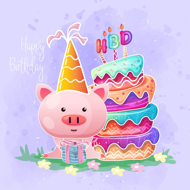 Carte D Anniversaire Avec Dessin Anime Mignon Bebe Cochon Vecteur Premium